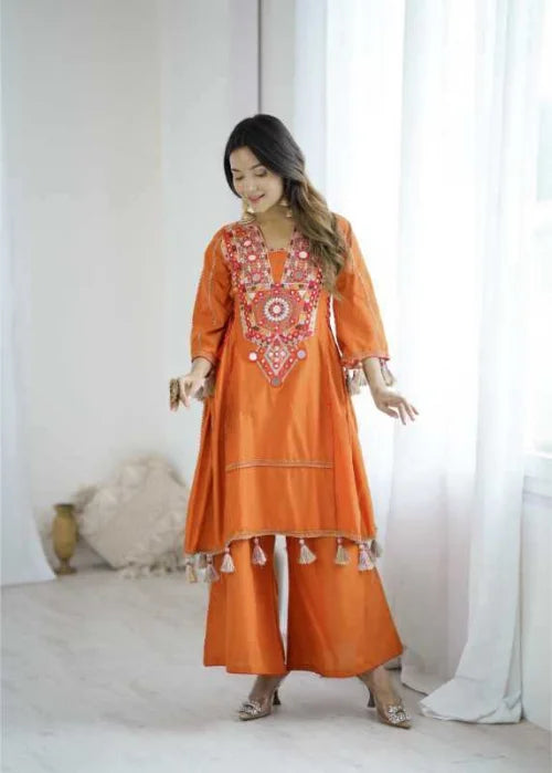 Cotton Embroidery Suit in Orange