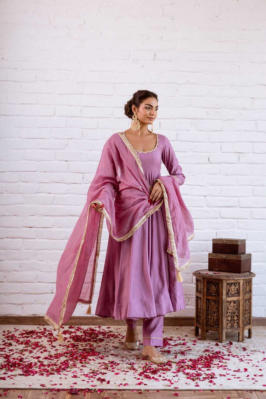 Vichitra Silk Anarkali Gown in Onion
