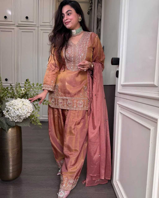 Heavy Roman Silk Embroidery Suit in Pink