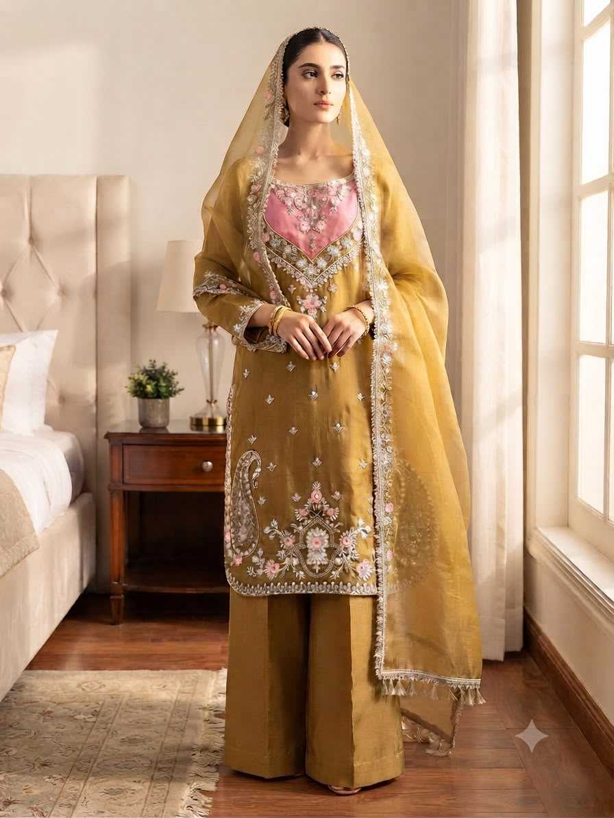 Cotton Embroidery Suit in Mustard