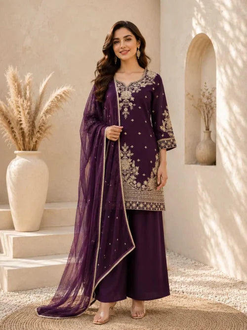 Heavy Roman Silk Embroidery Suit in Dark Wine