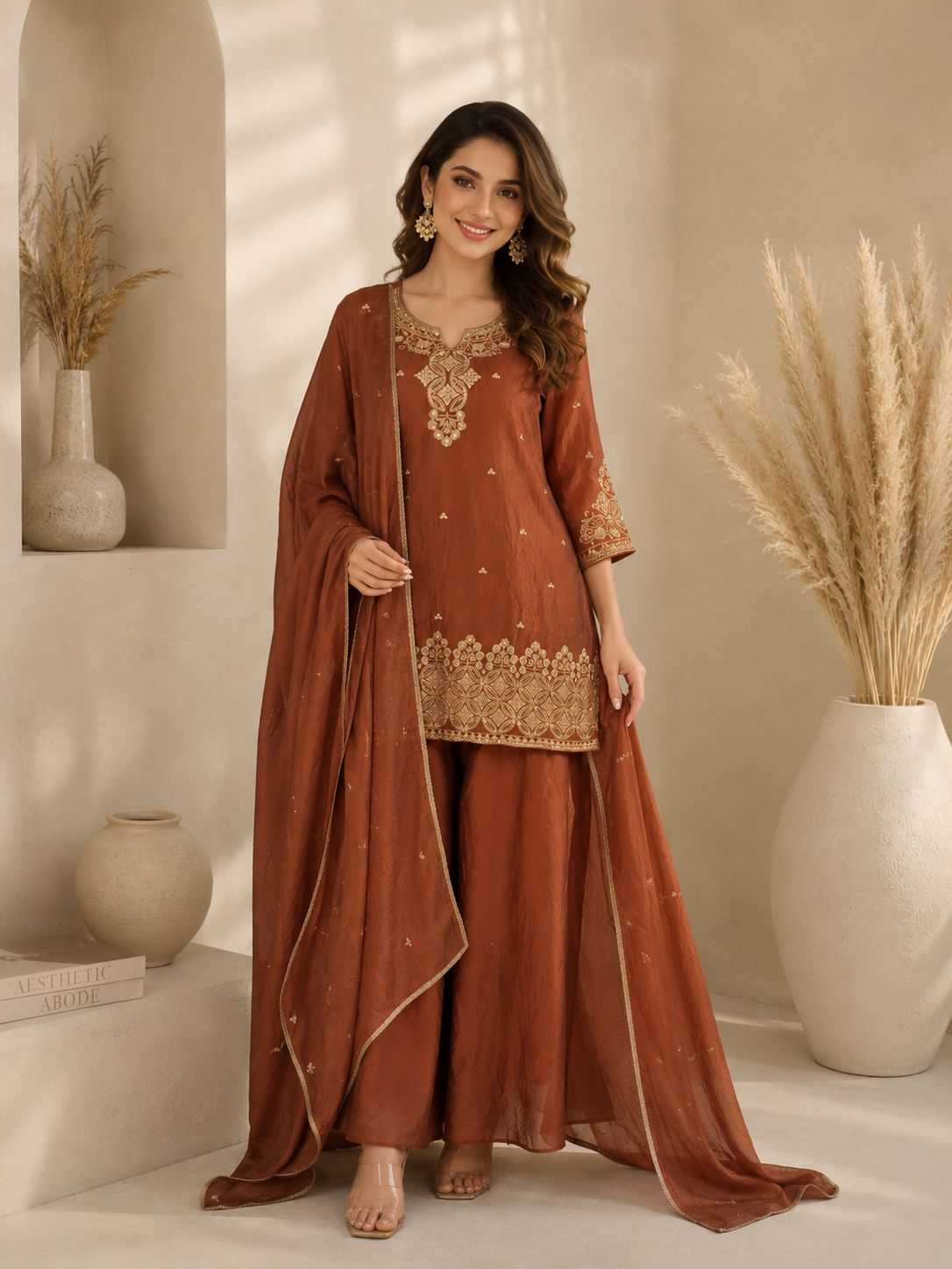 Rangoli Silk Embroidery Suit in Brown
