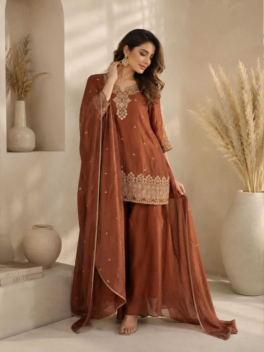 Rangoli Silk Embroidery Suit in Brown