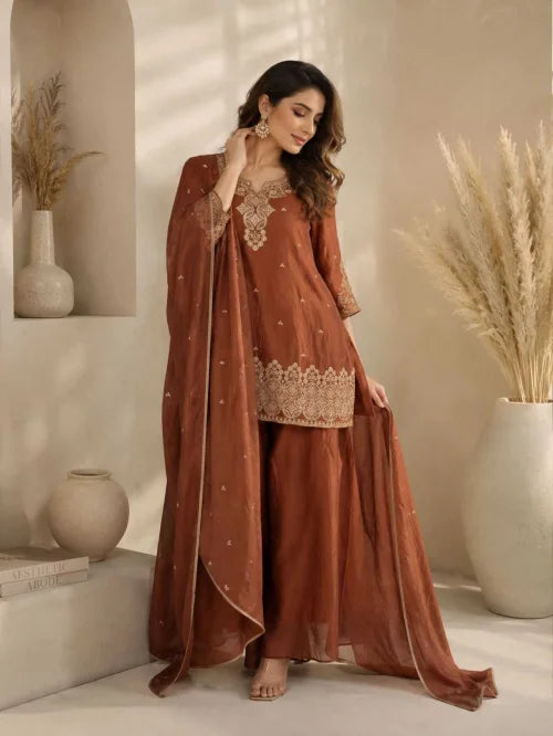 Rangoli Silk Embroidery Suit in Brown