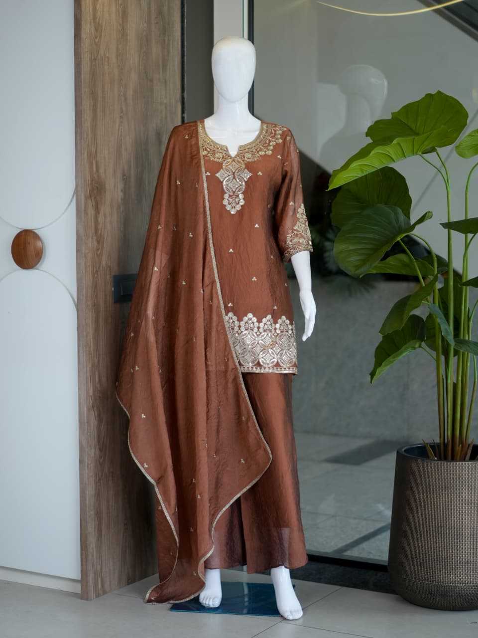 Rangoli Silk Embroidery Suit in Brown