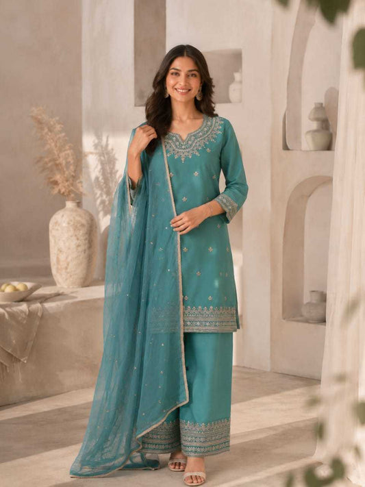Heavy Roman Silk Embroidery Suit in Sky