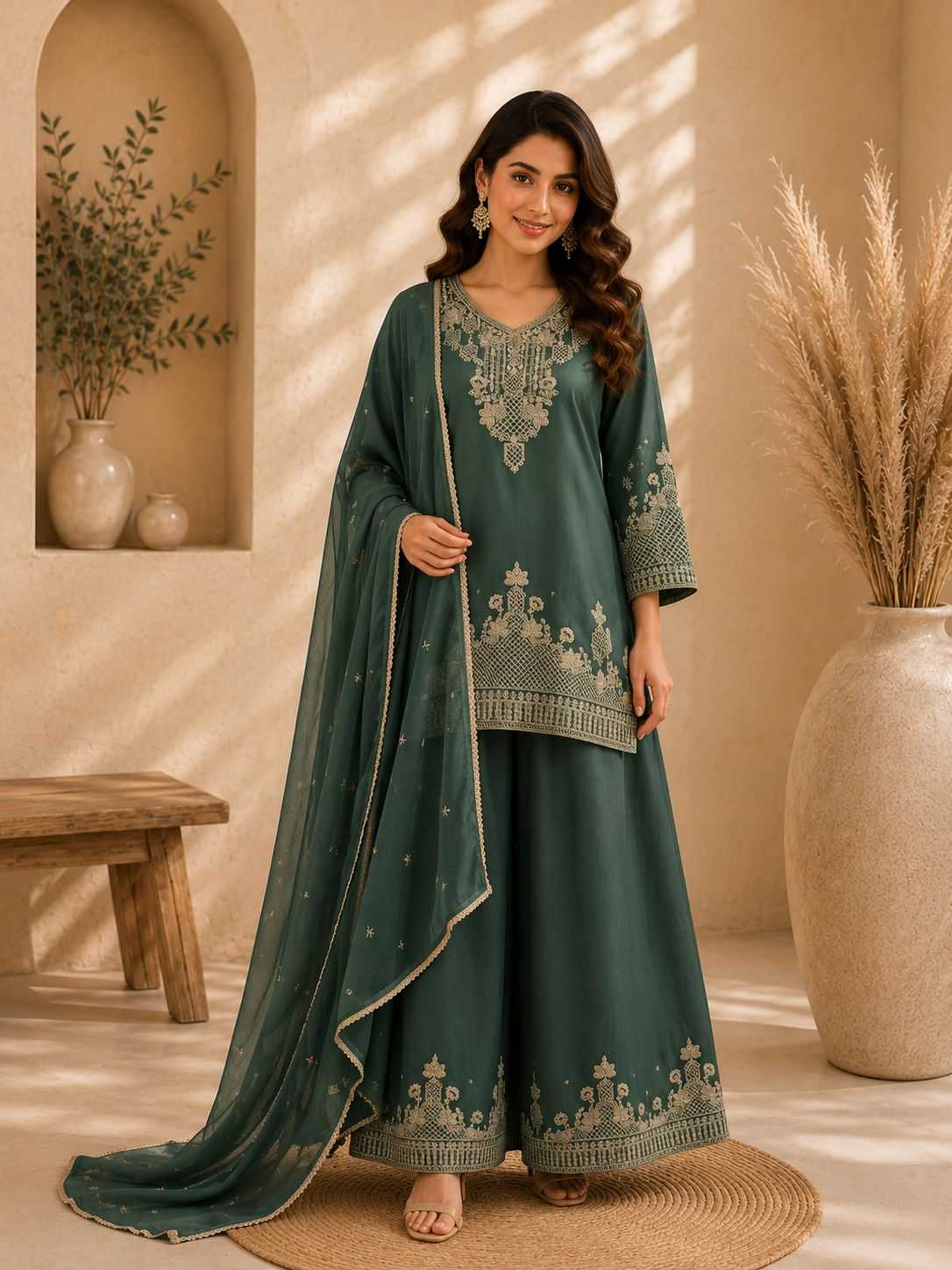 Rangoli Silk Embroidery Suit in Dark Green