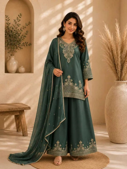 Rangoli Silk Embroidery Suit in Dark Green