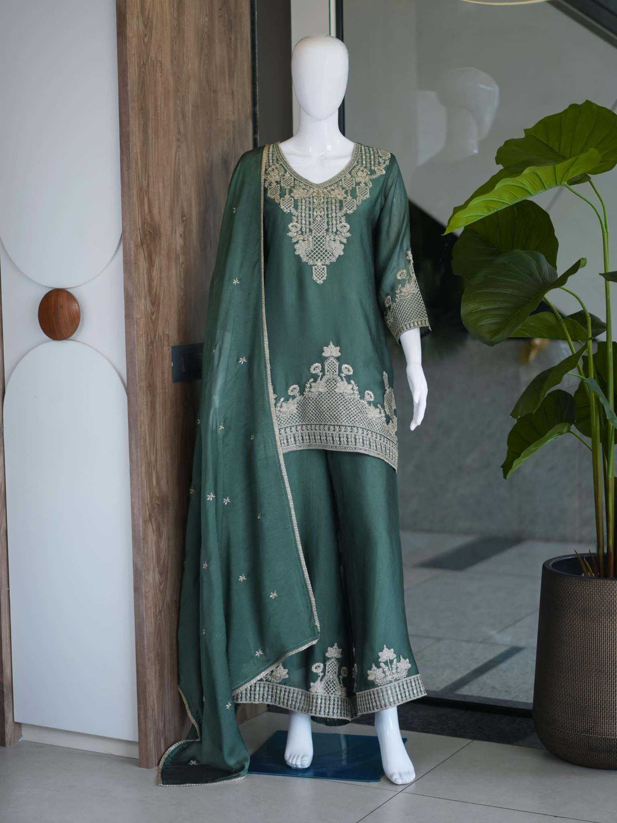 Rangoli Silk Embroidery Suit in Dark Green