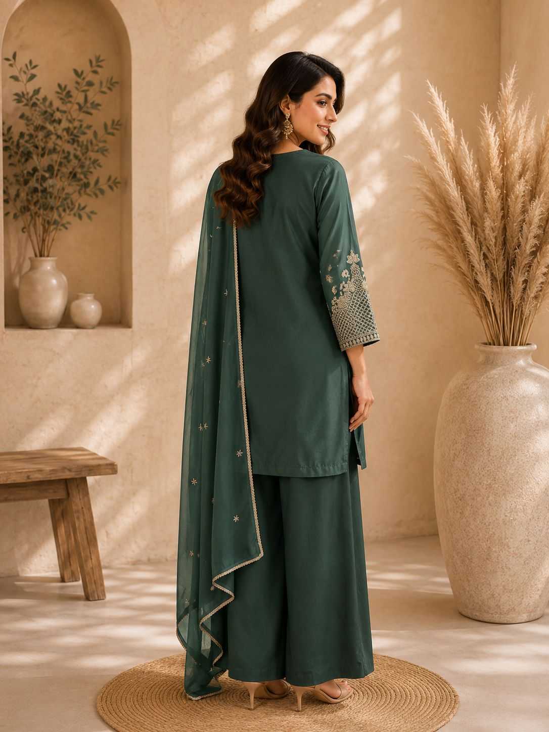 Rangoli Silk Embroidery Suit in Dark Green
