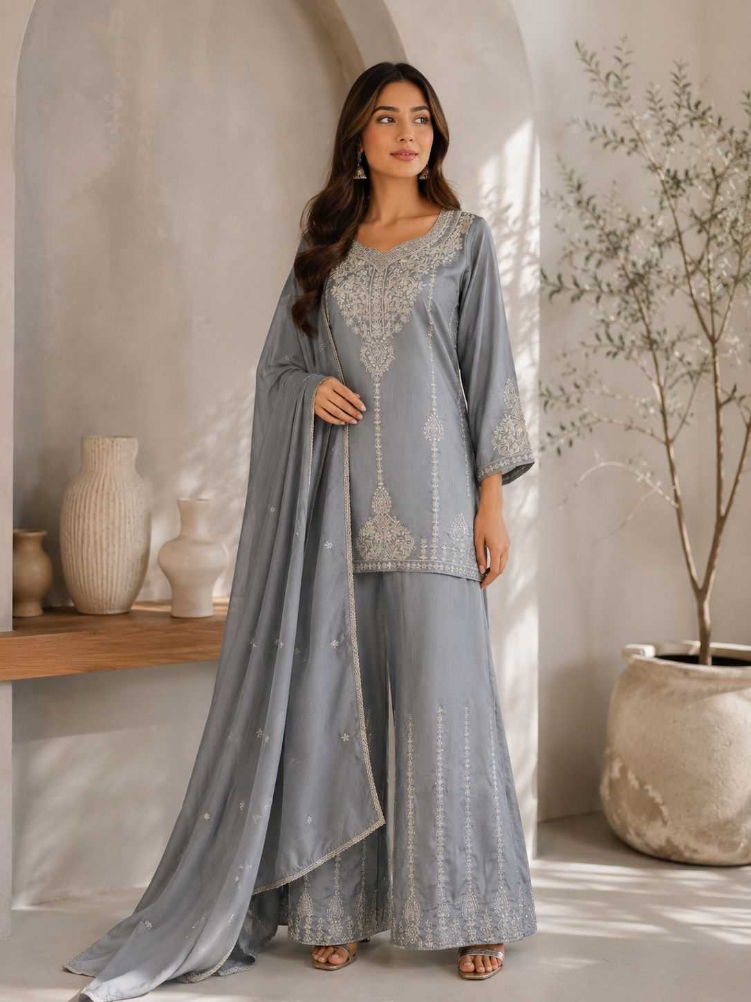 Soft Vichitra Embroidery Suit