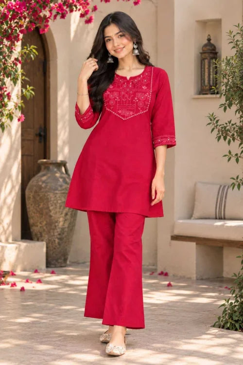 Cotton Designer Kurti in Rani