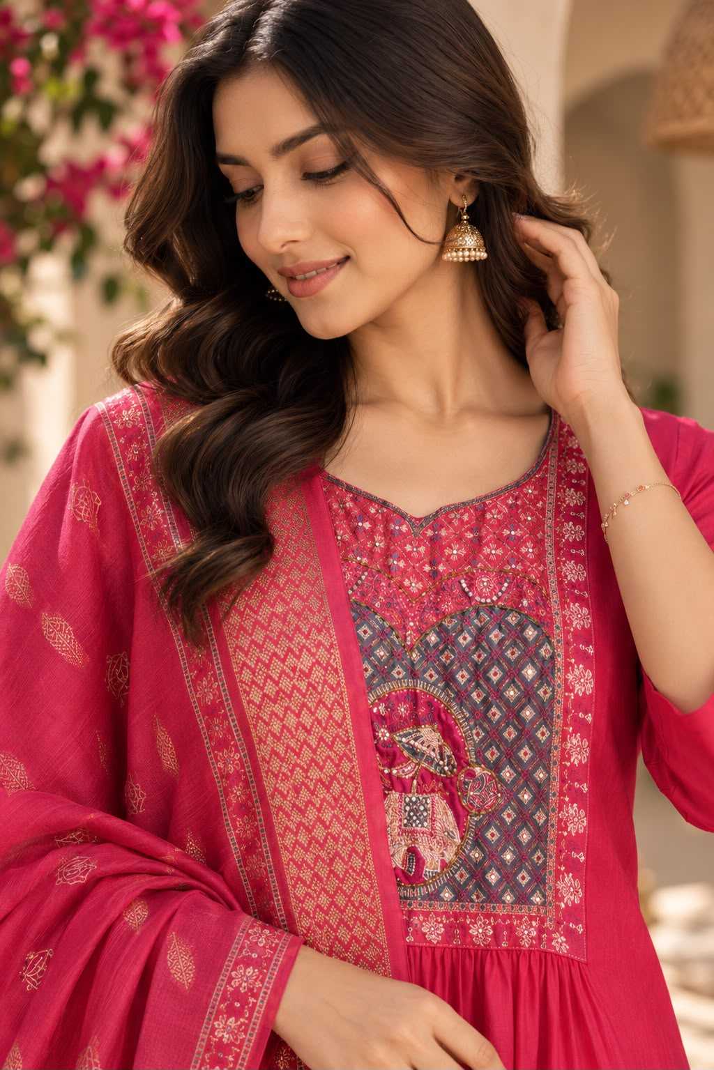 Heavy Roman Silk Ladies Suit in Rani