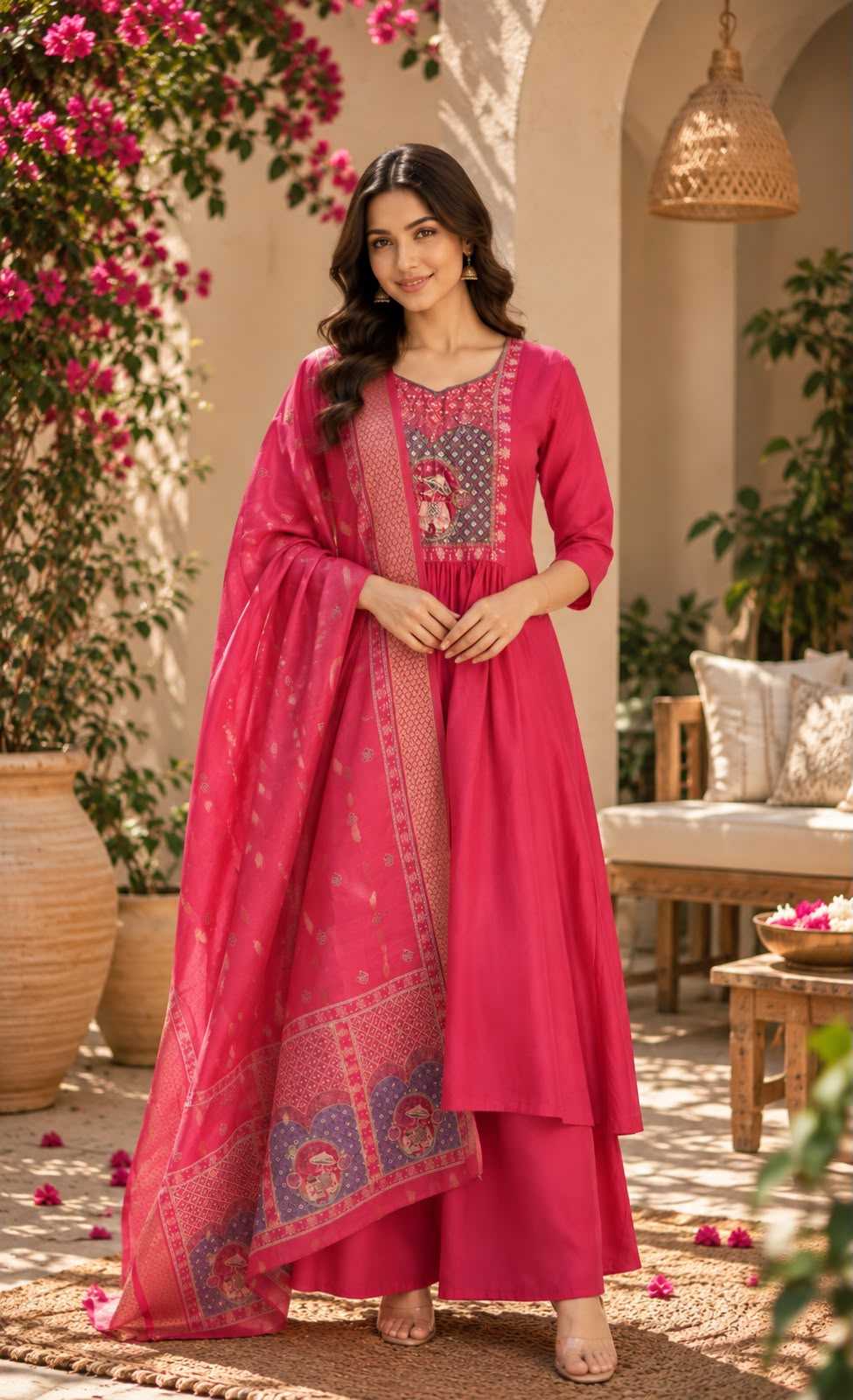 Heavy Roman Silk Ladies Suit in Rani