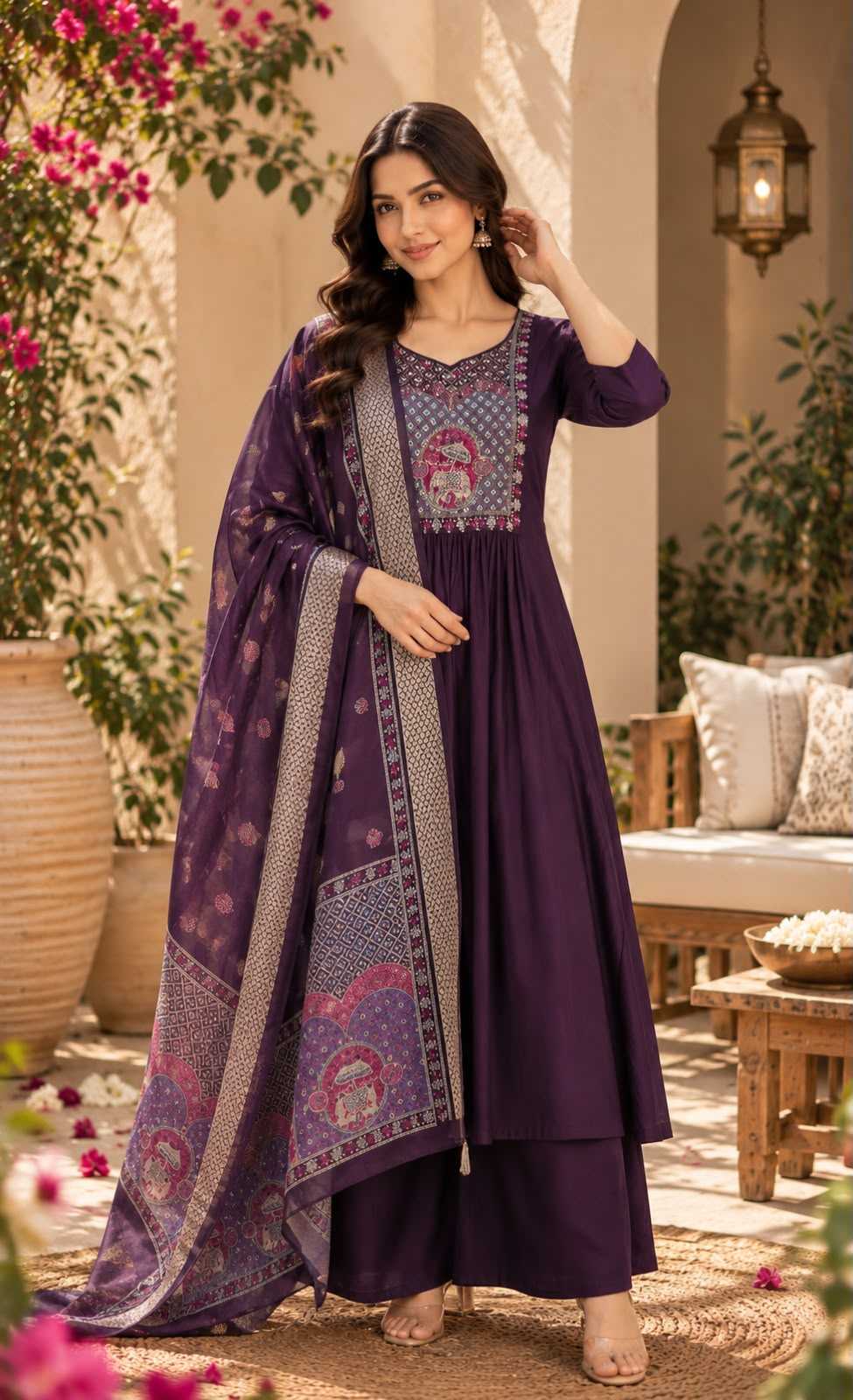 Heavy Roman Silk Ladies Suit in Rani