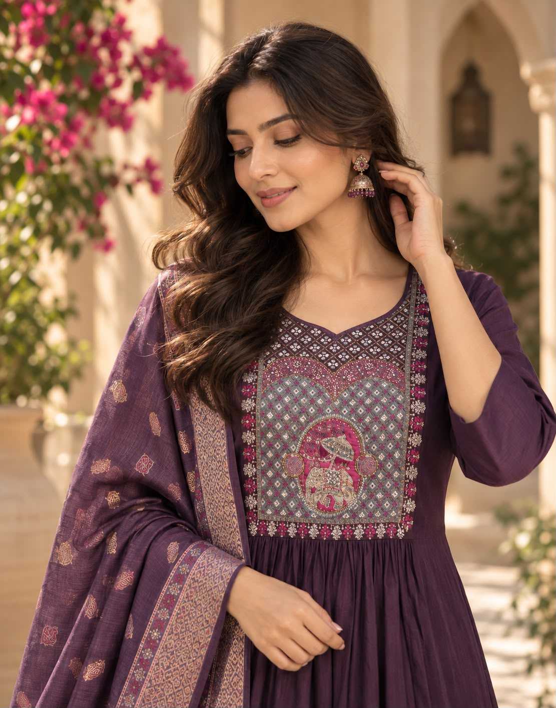 Heavy Roman Silk Ladies Suit in Rani
