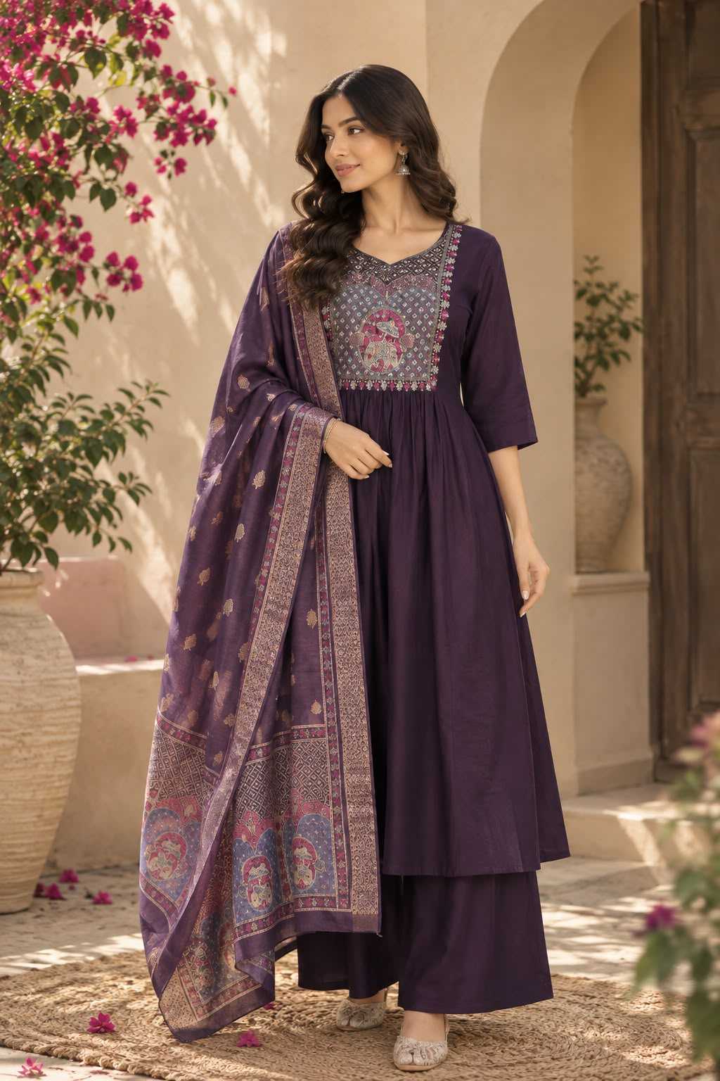 Heavy Roman Silk Ladies Suit in Rani