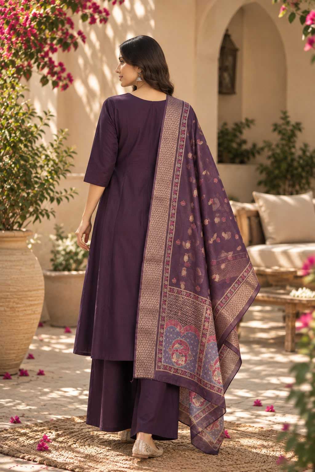 Heavy Roman Silk Ladies Suit in Rani
