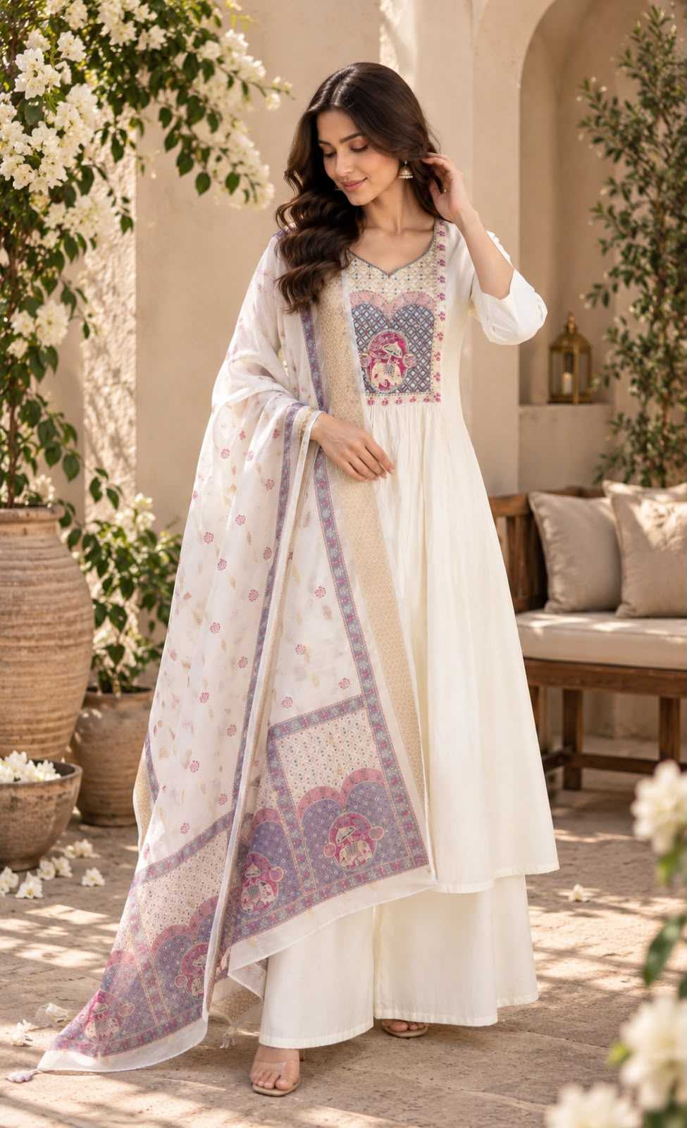 Heavy Roman Silk Ladies Suit in Rani
