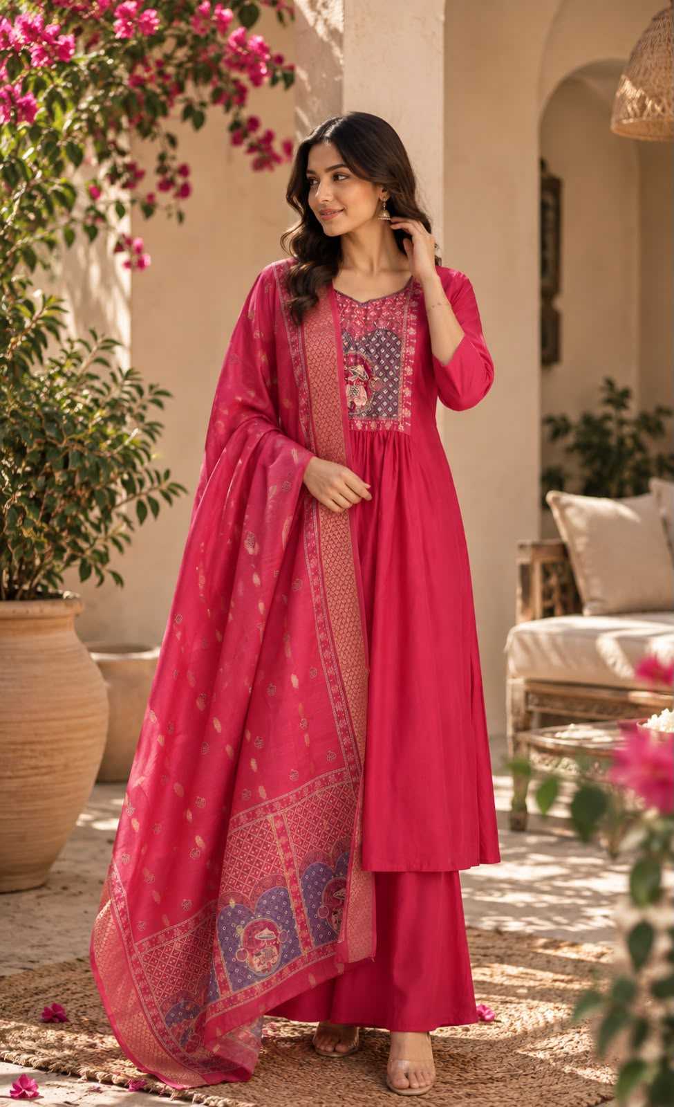 Heavy Roman Silk Ladies Suit in Rani