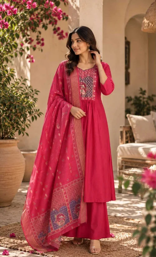 Heavy Roman Silk Ladies Suit in Rani