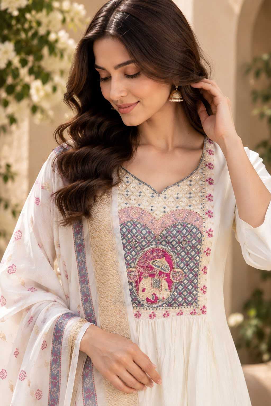 Heavy Roman Silk Ladies Suit in Rani