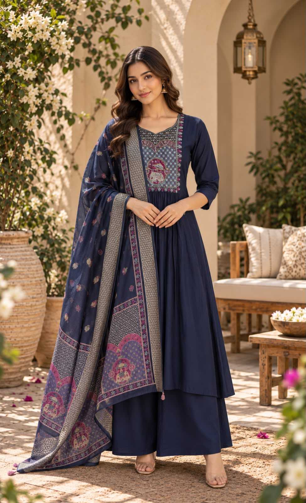 Heavy Roman Silk Ladies Suit in Rani