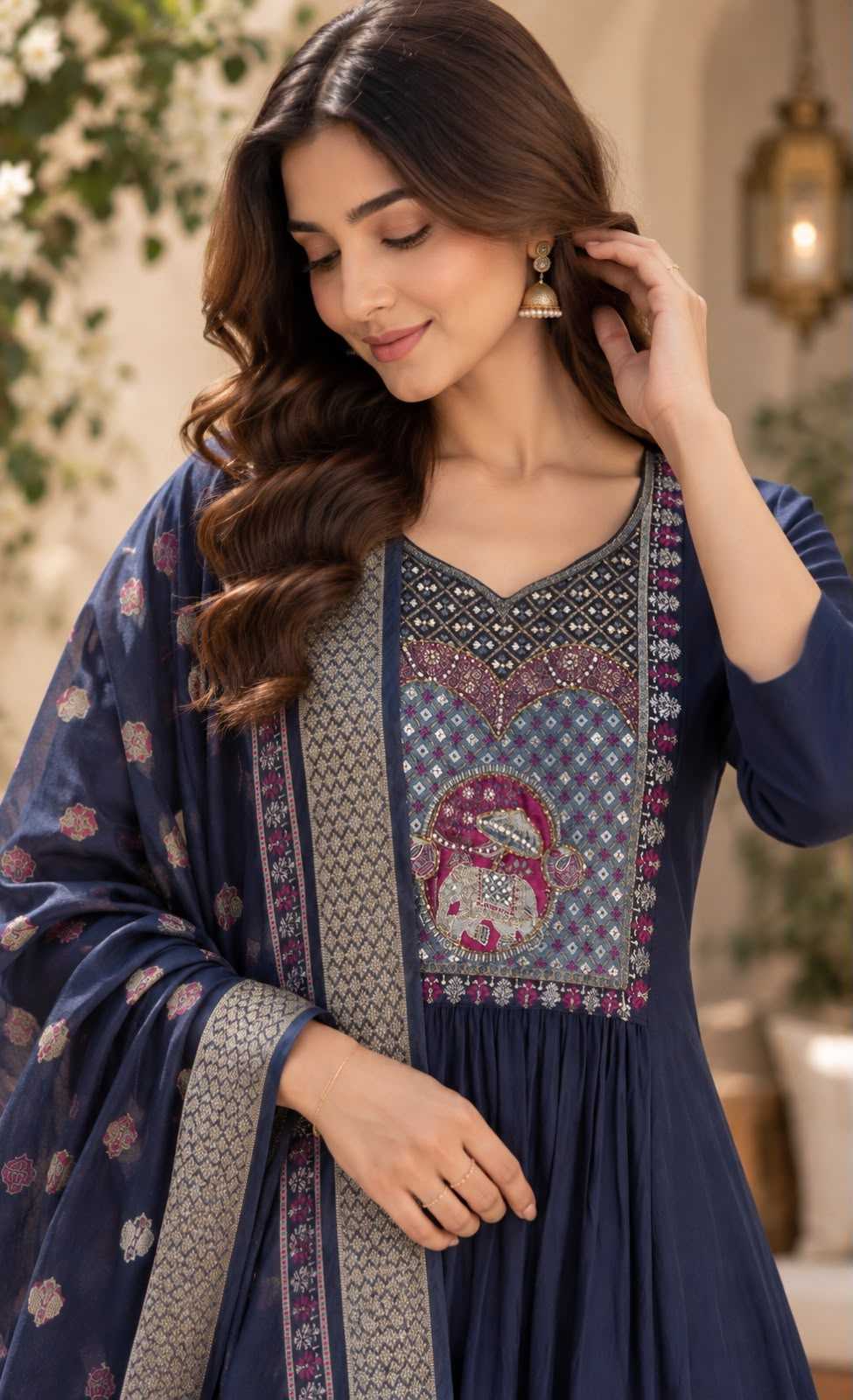 Heavy Roman Silk Ladies Suit in Rani
