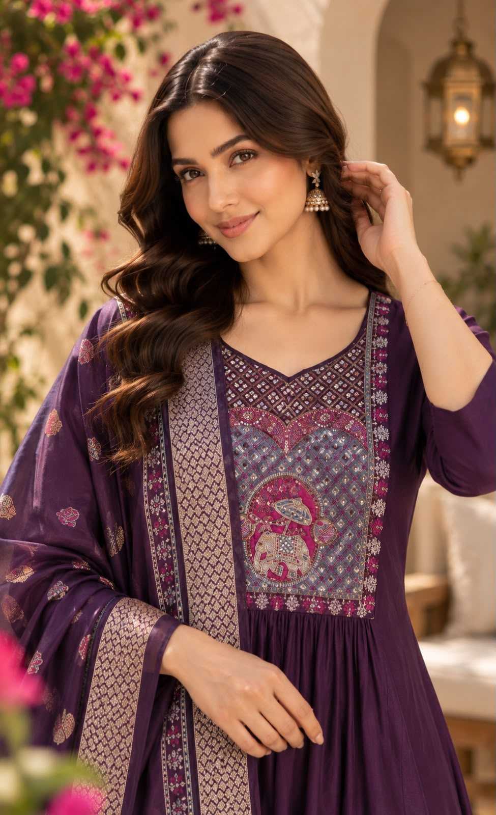 Heavy Roman Silk Ladies Suit in Rani