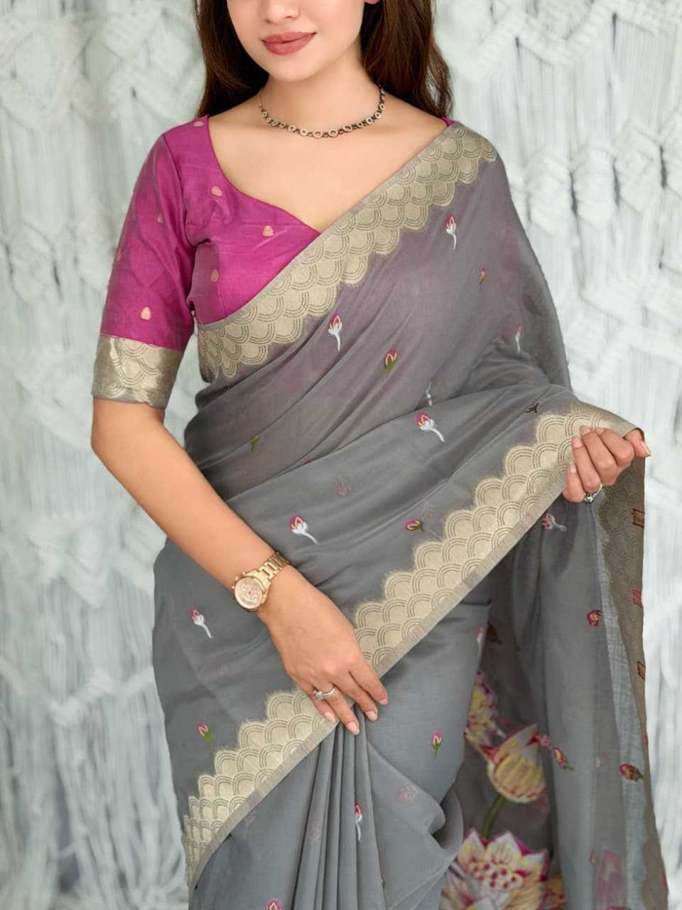 Gulab Pure Cotton Designer Saree in Gray