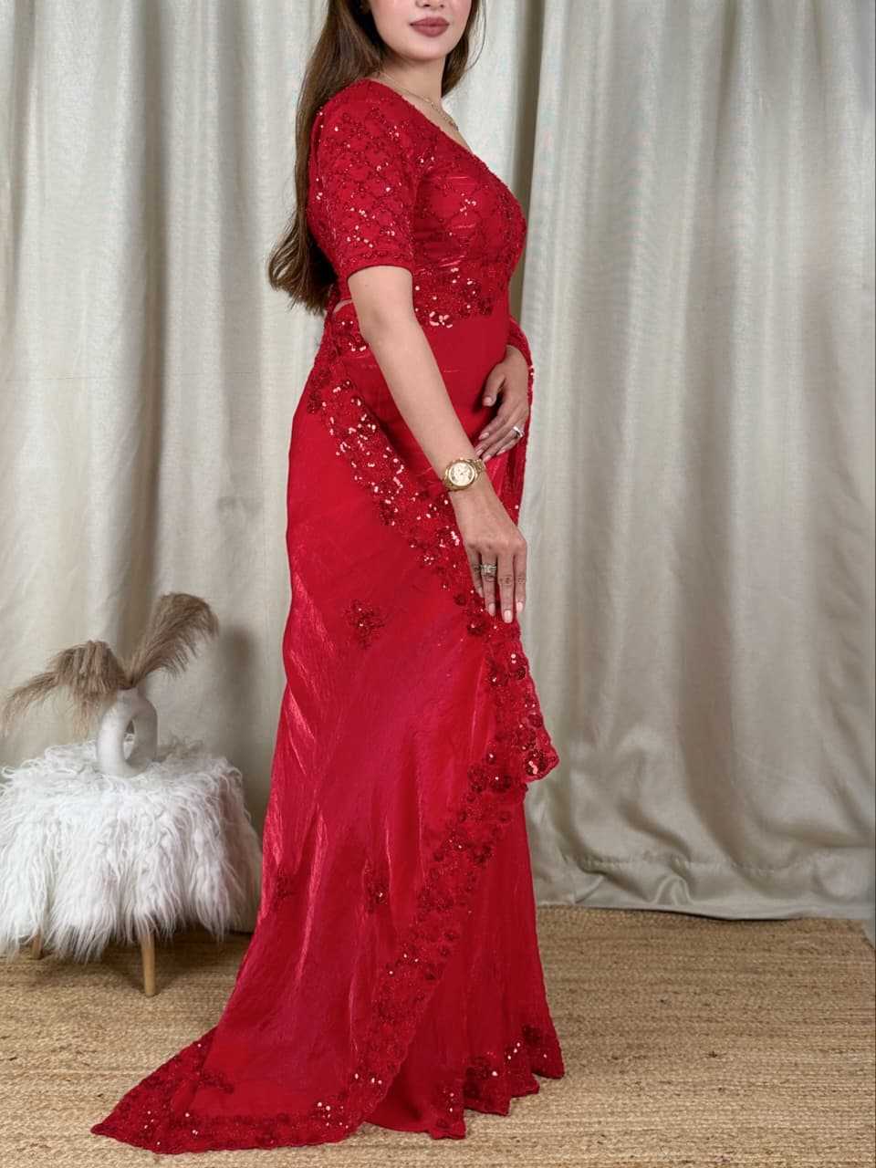Red Chilly Satin Sequence Saree