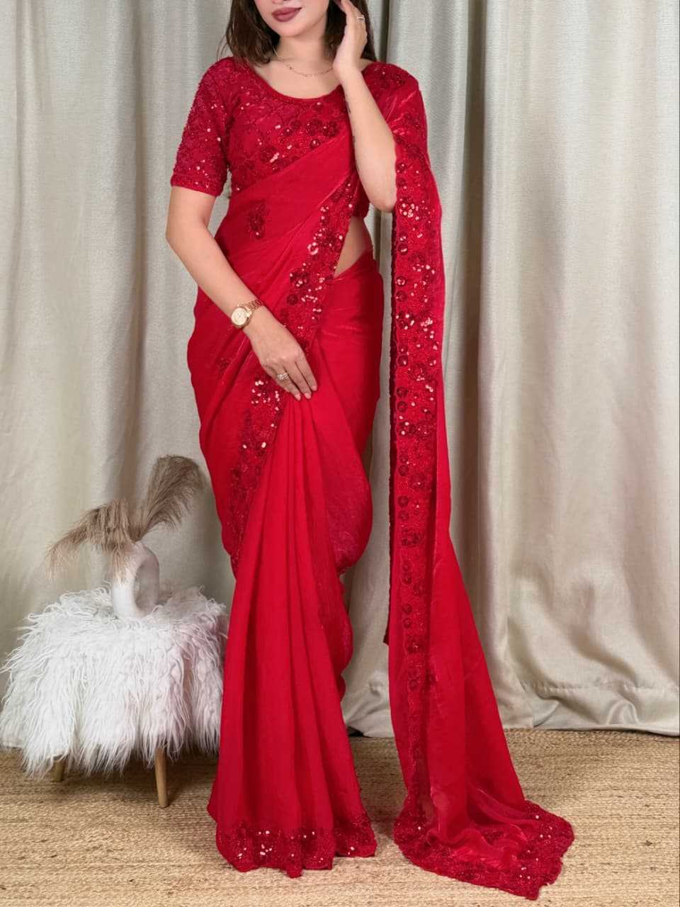 Red Chilly Satin Sequence Saree