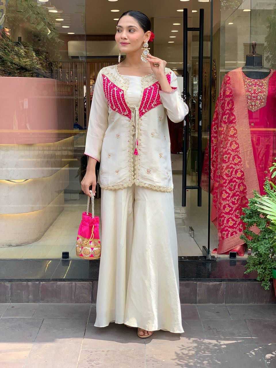 Premium Roman Silk Ladies Suit in Cream