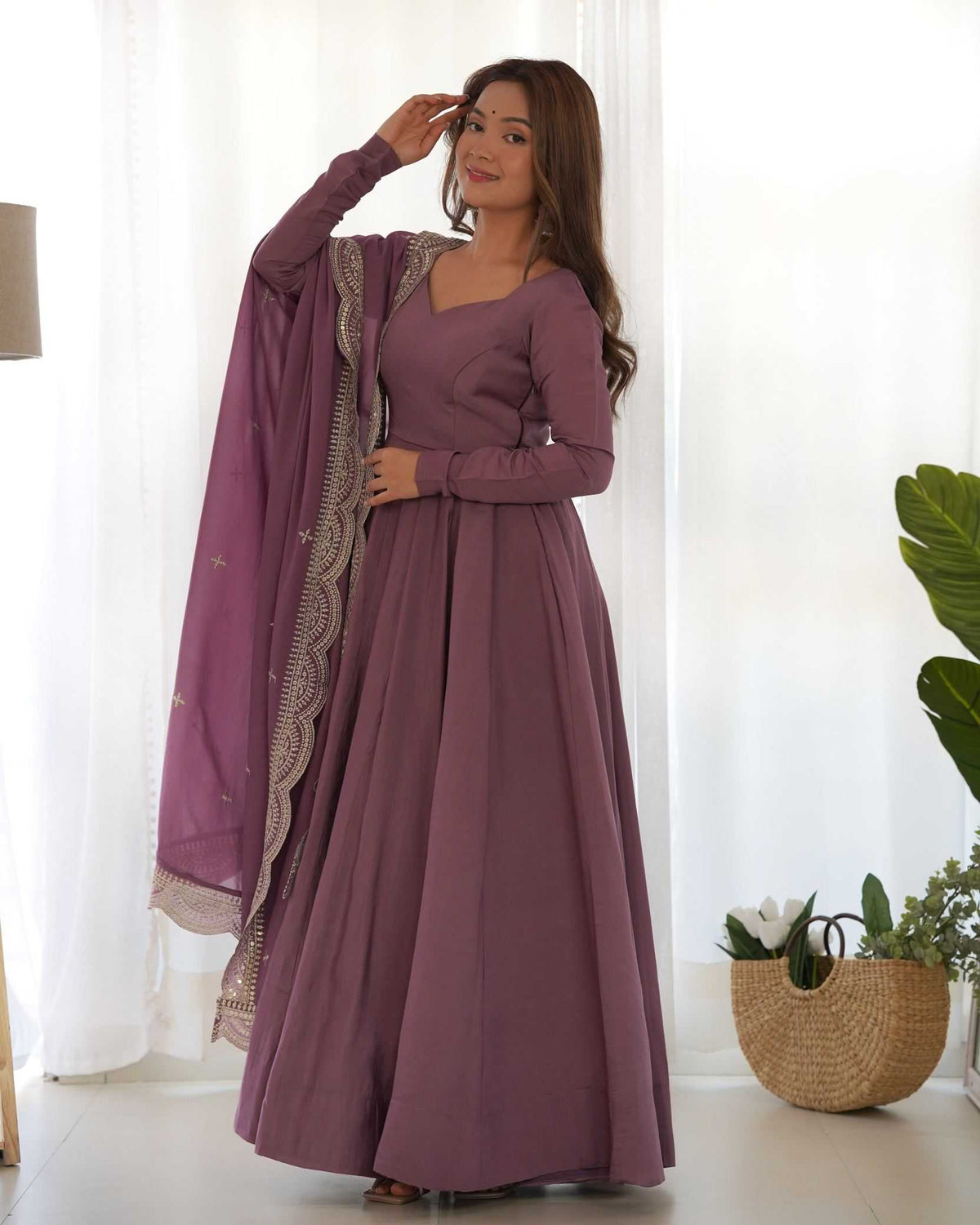 Heavy Roman Silk Anarkali Gown in Maroon