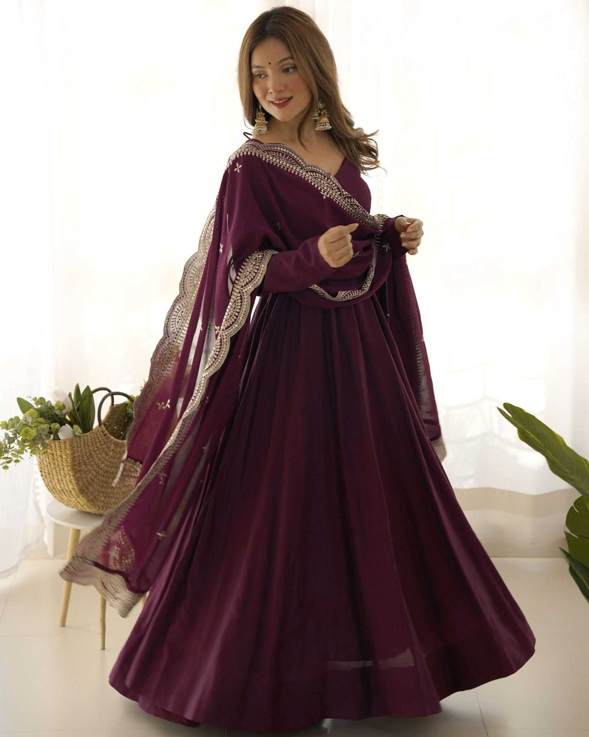 Heavy Roman Silk Anarkali Gown in Maroon
