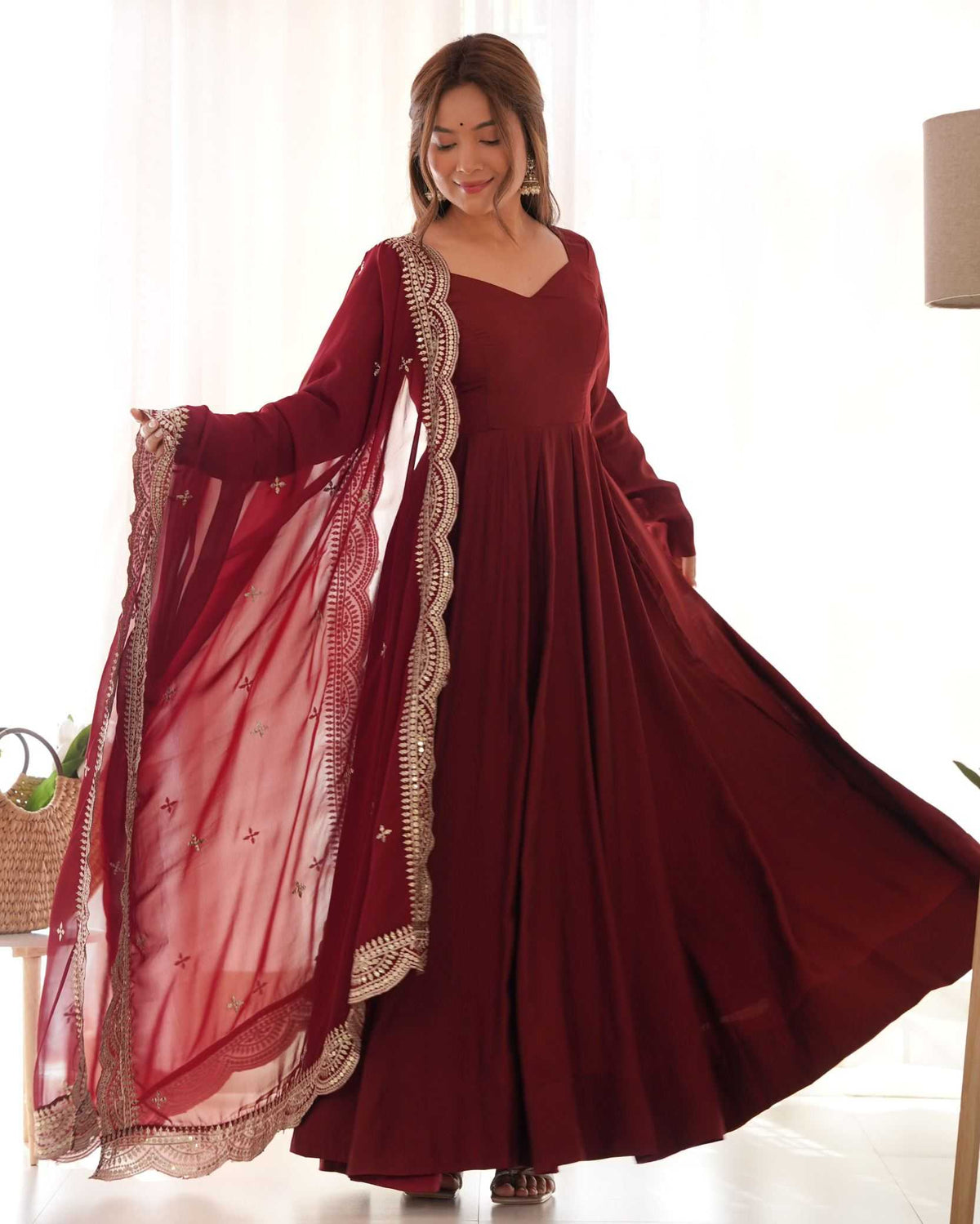 Heavy Roman Silk Anarkali Gown in Maroon