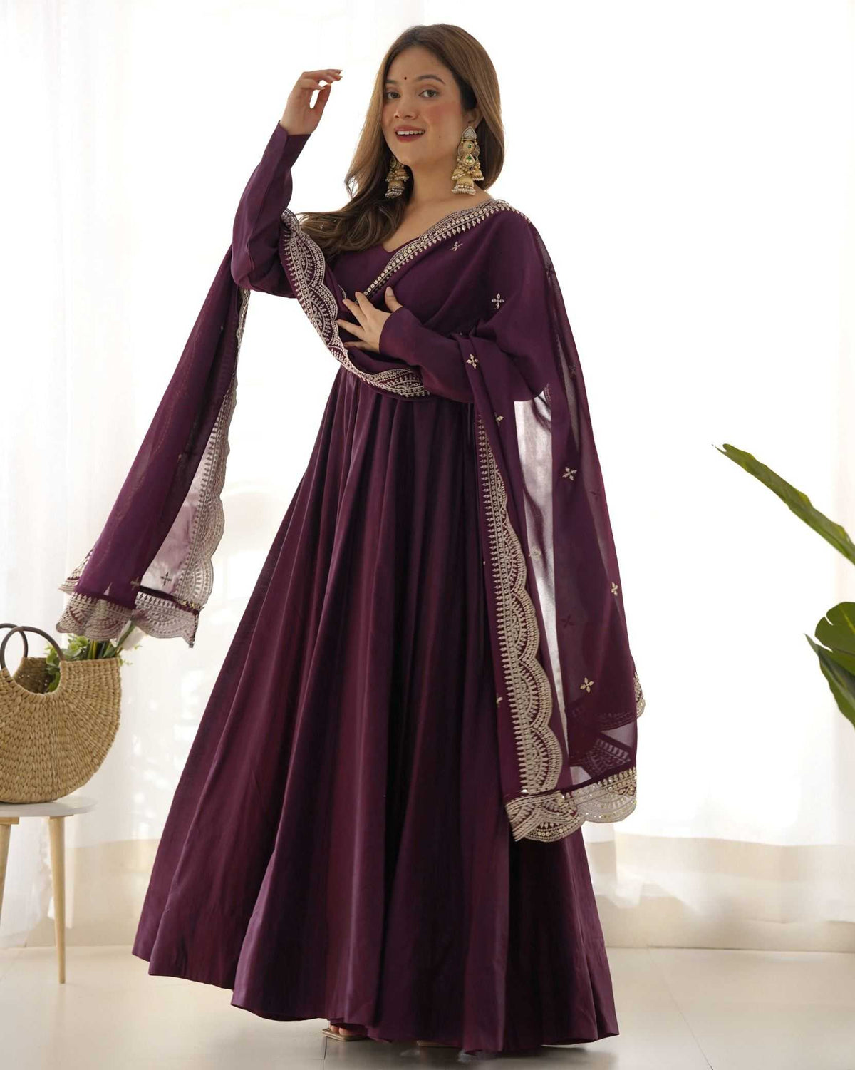 Heavy Roman Silk Anarkali Gown in Maroon