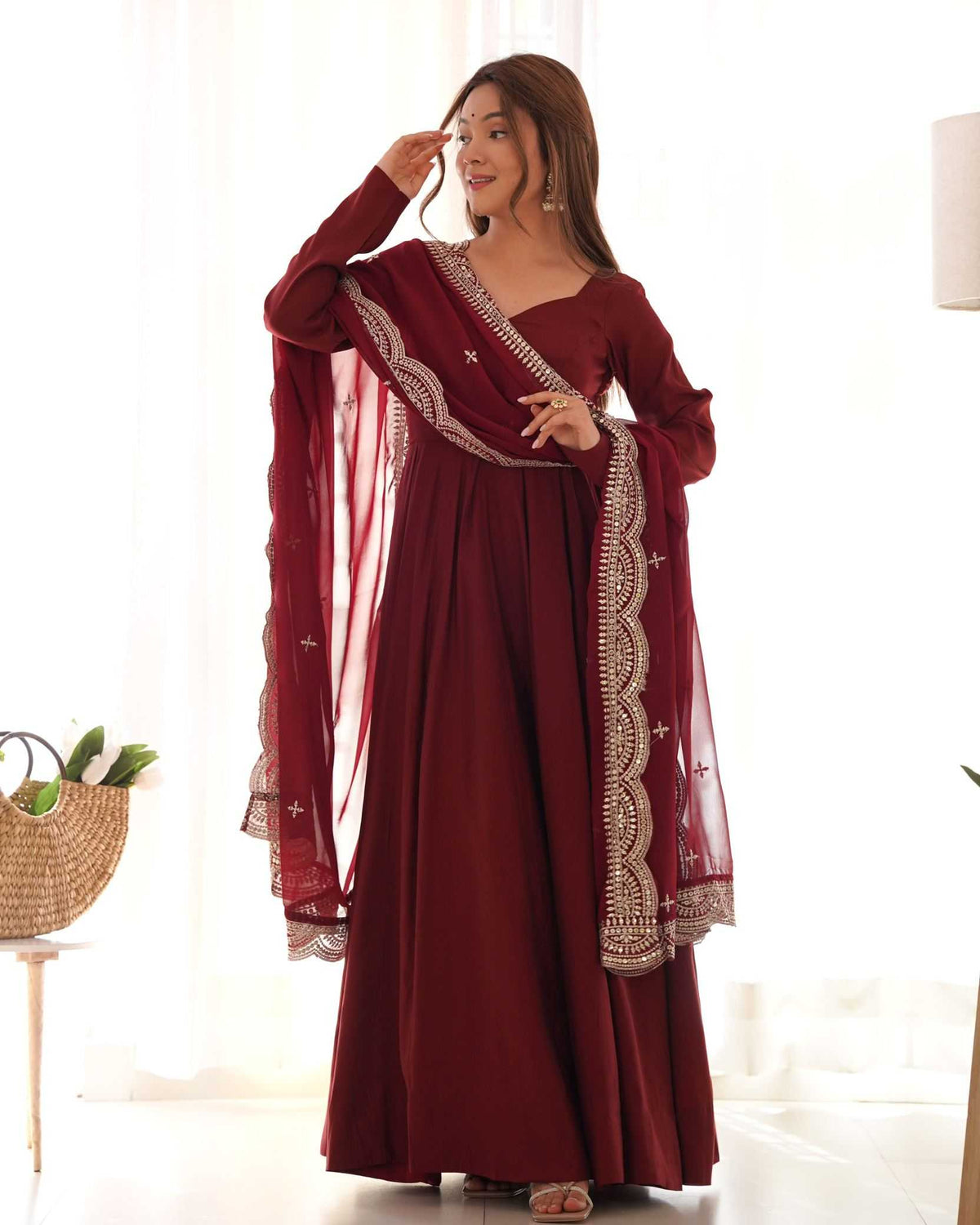 Heavy Roman Silk Anarkali Gown in Maroon