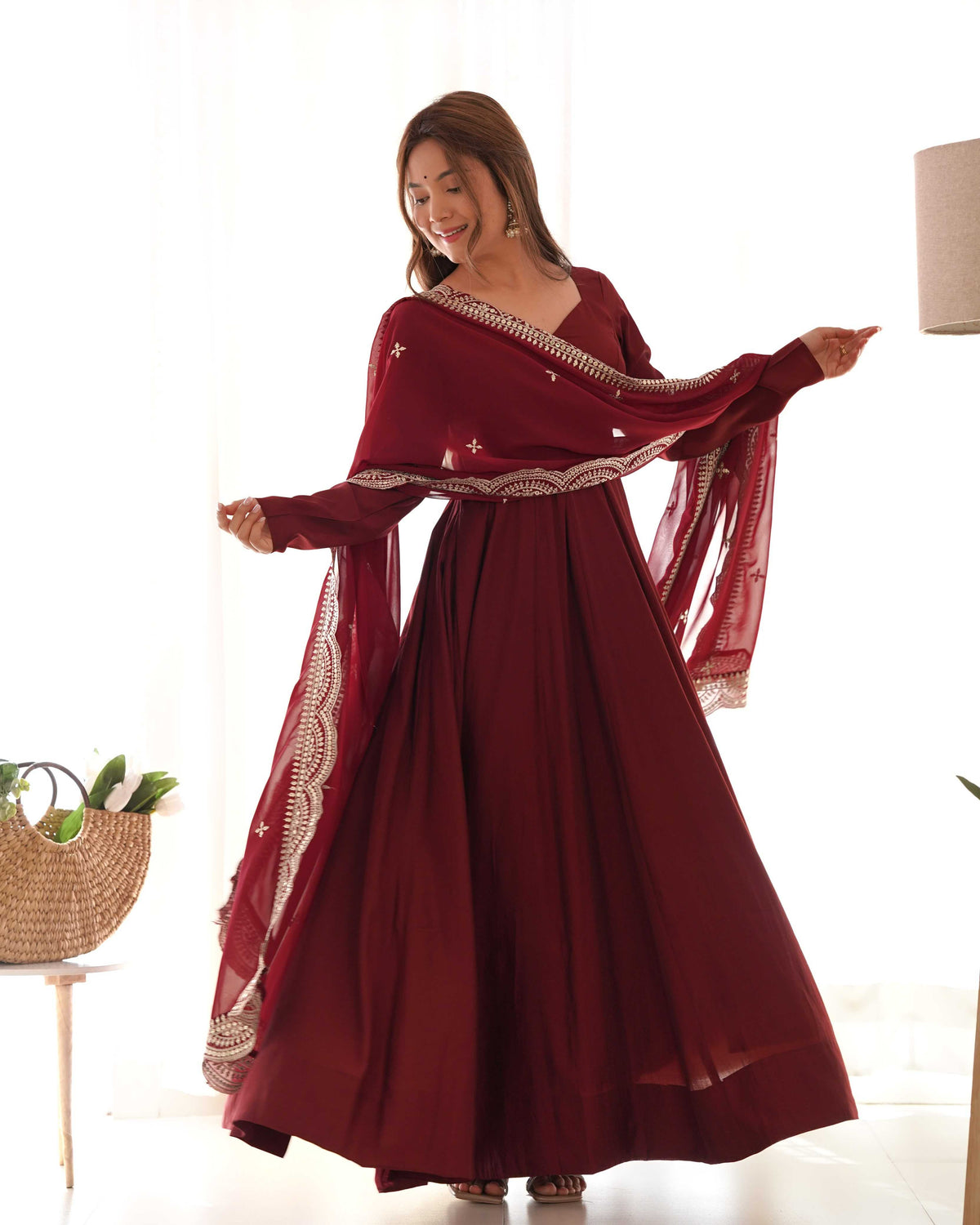 Heavy Roman Silk Anarkali Gown in Maroon