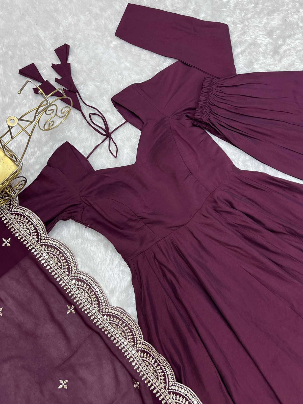Heavy Roman Silk Anarkali Gown in Maroon