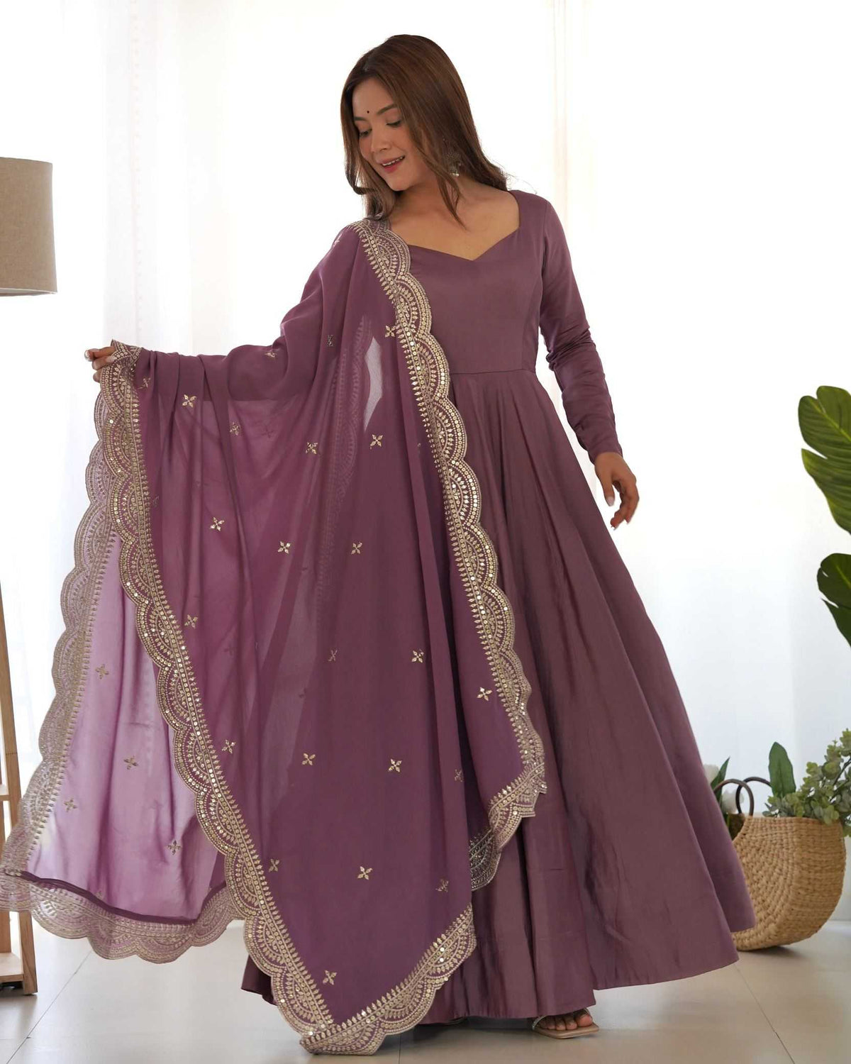 Heavy Roman Silk Anarkali Gown in Maroon