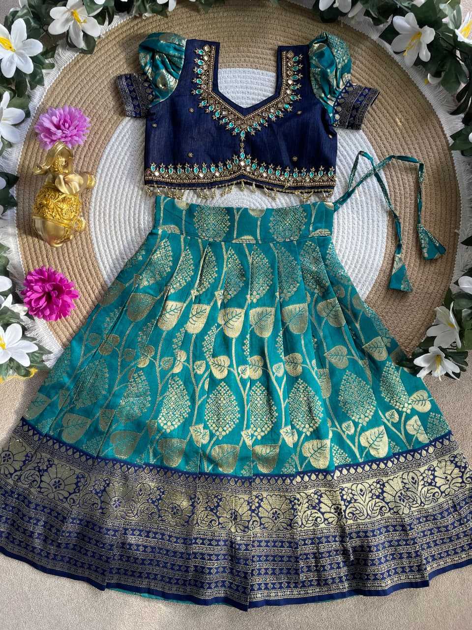 Eshani Mono Slub Kids Lehenga in Teal Blue