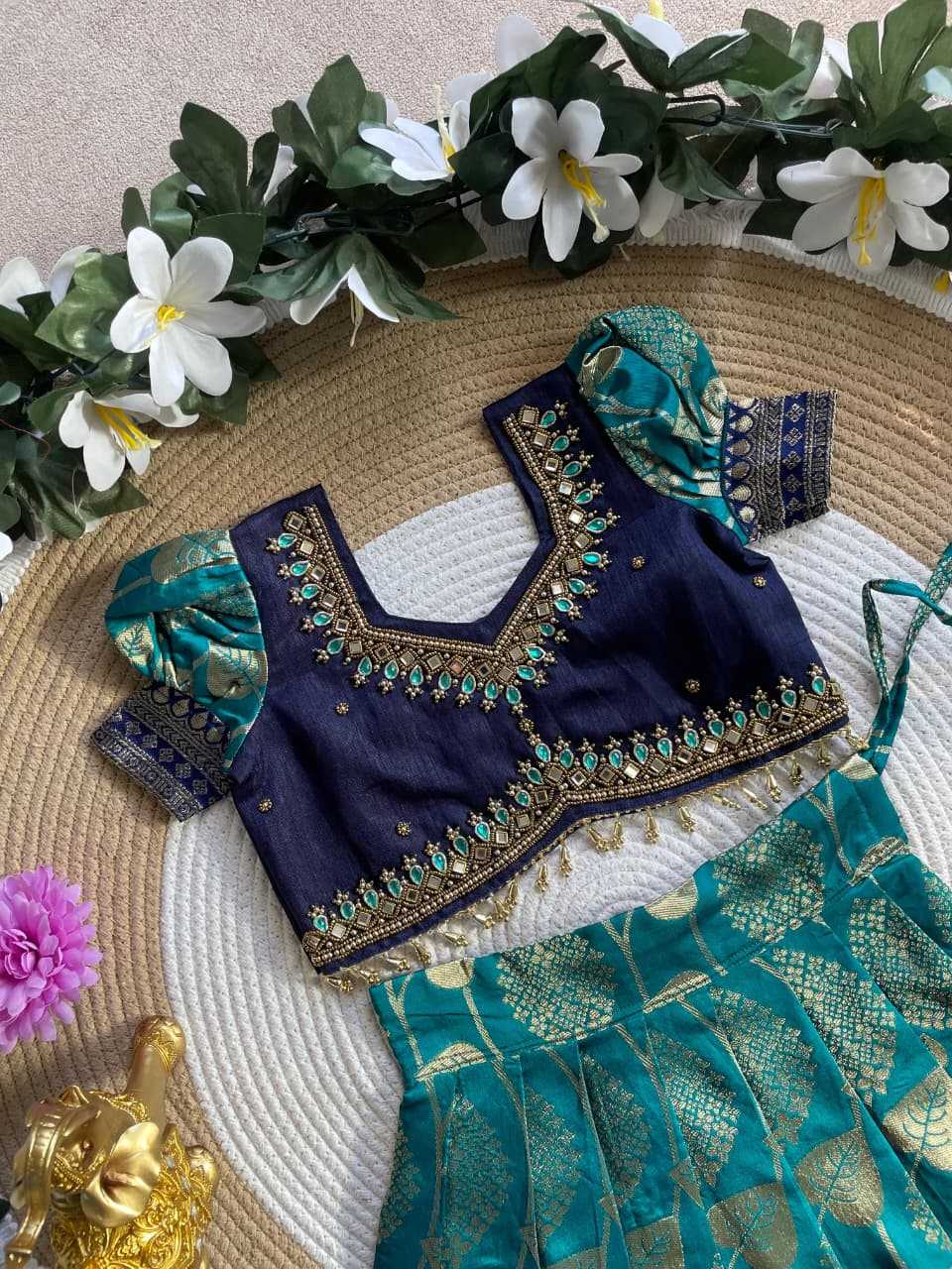 Eshani Mono Slub Kids Lehenga in Teal Blue