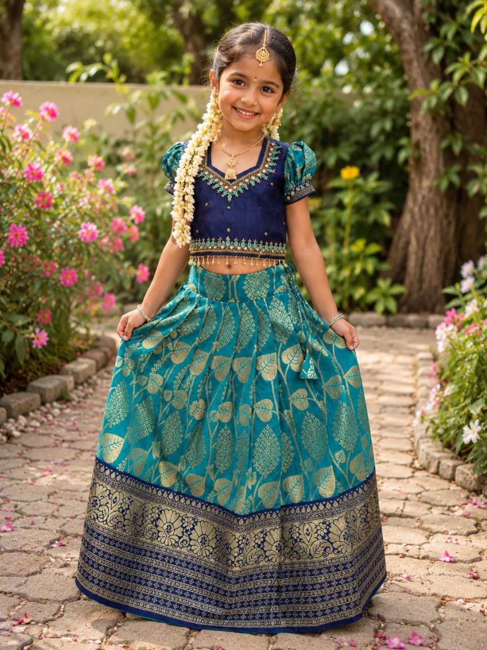 Eshani Mono Slub Kids Lehenga in Teal Blue