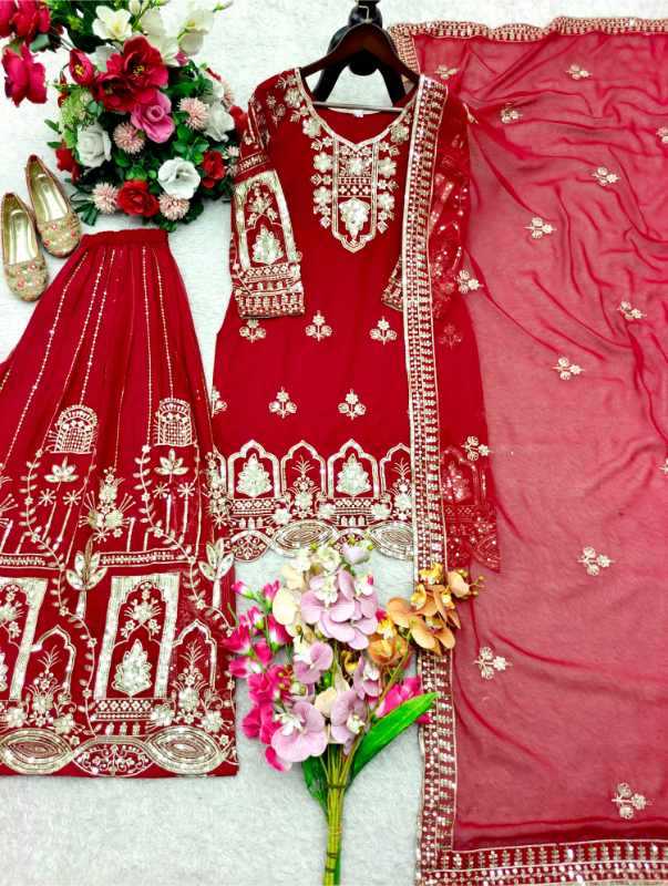 Faux Georgette Sharara Salwar Suit in Purple