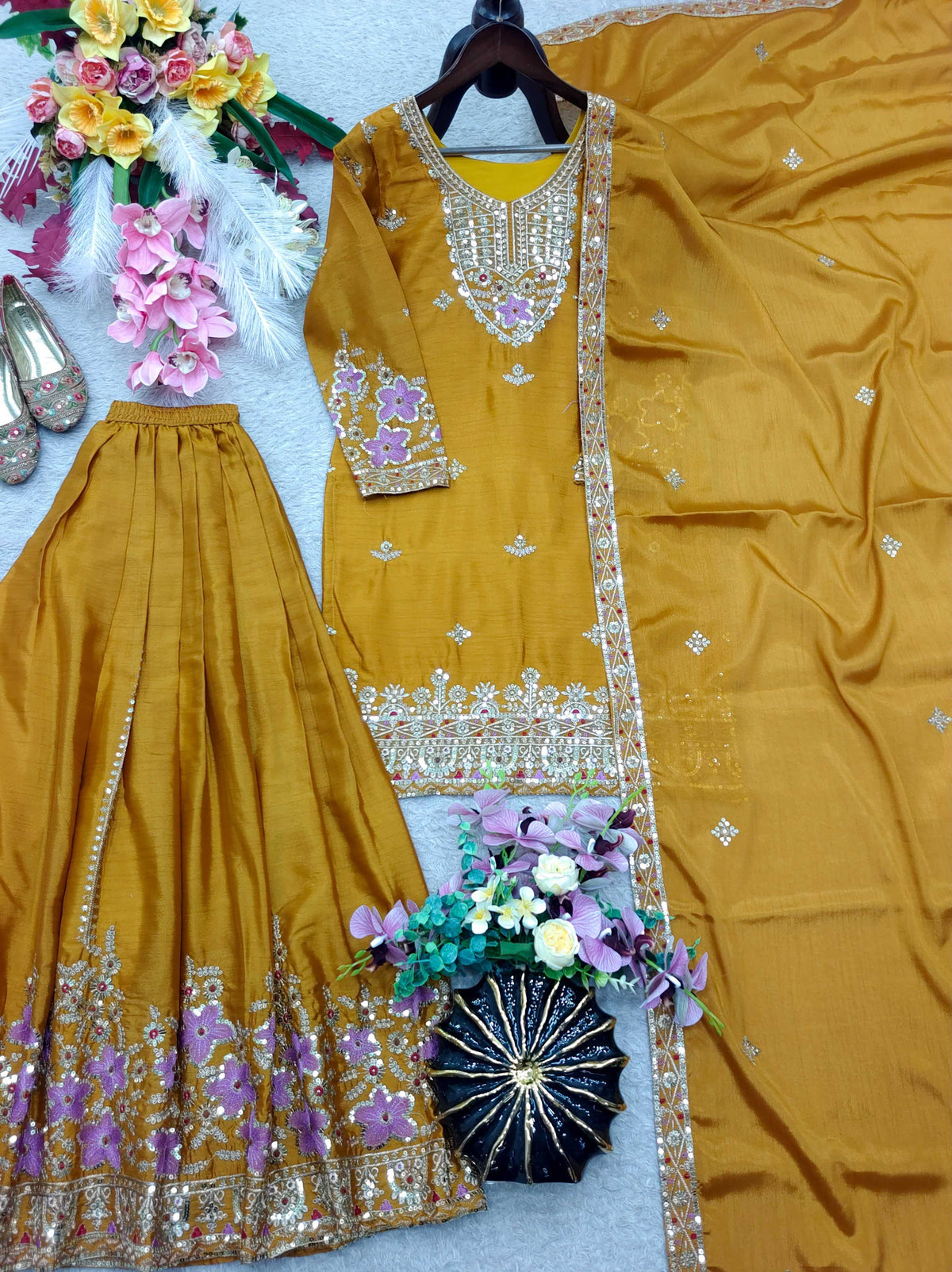 Chinon Silk Embroidery Suit in Black