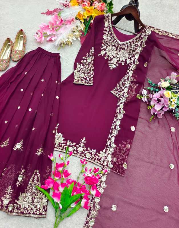 Faux Georgette Sharara Salwar Suit in Navy Blue