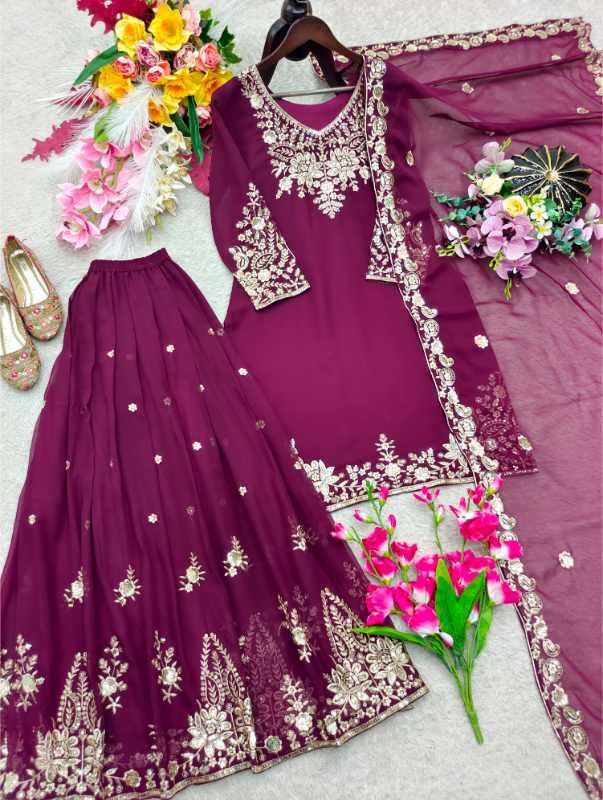 Faux Georgette Sharara Salwar Suit in Navy Blue