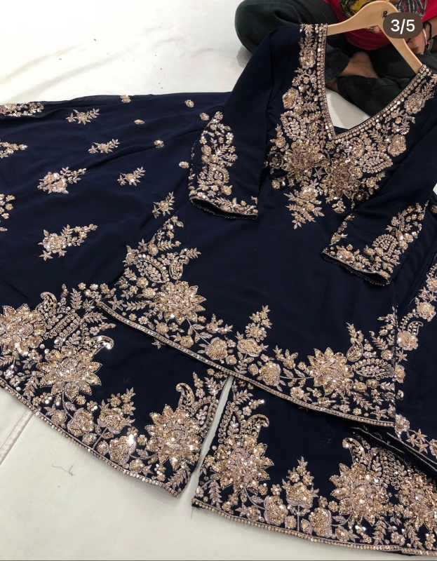 Faux Georgette Sharara Salwar Suit in Navy Blue