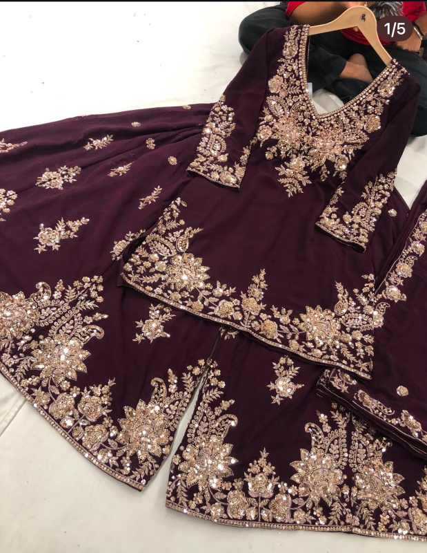 Faux Georgette Sharara Salwar Suit in Navy Blue